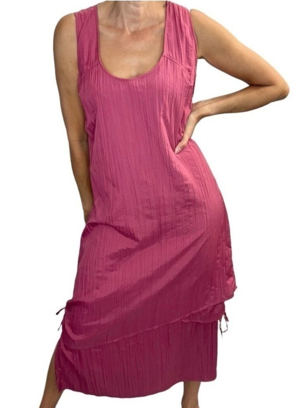 Jacques Ruc France berry pink crinkly tiered sleeveless maxi dress M